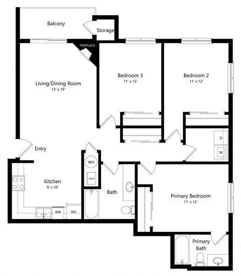 Floor plan for 3 beds, 2 baths, 1261 sqft